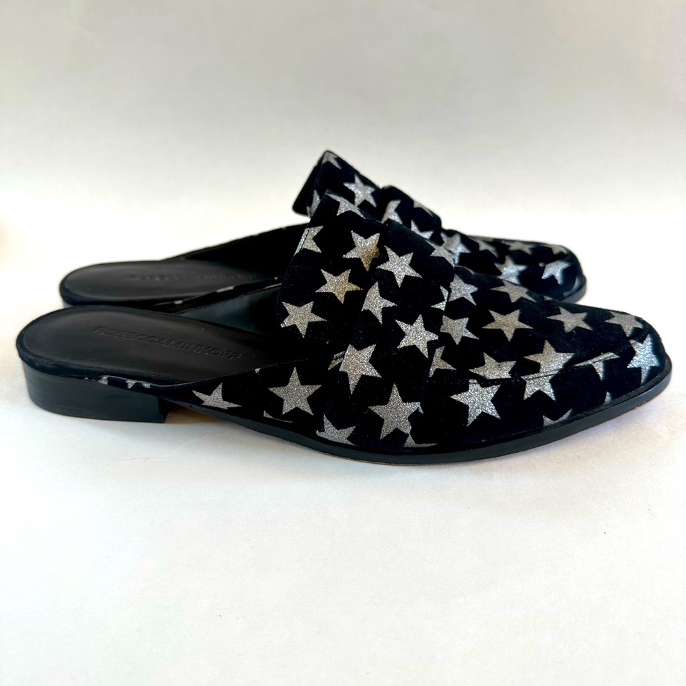 REBECCA MINKOFF 8.5 star mules slide black silver flats